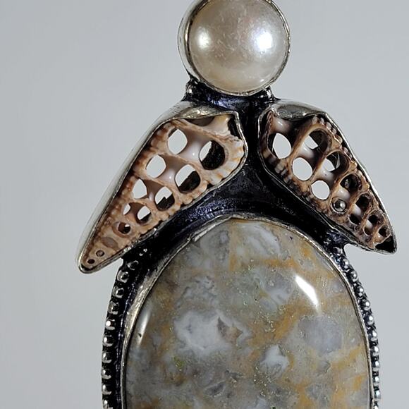 Handmade Silver Pendant – Fossil Coral & Pearl + 20" Sterling Silver Snake Chain - Picture 2 of 10